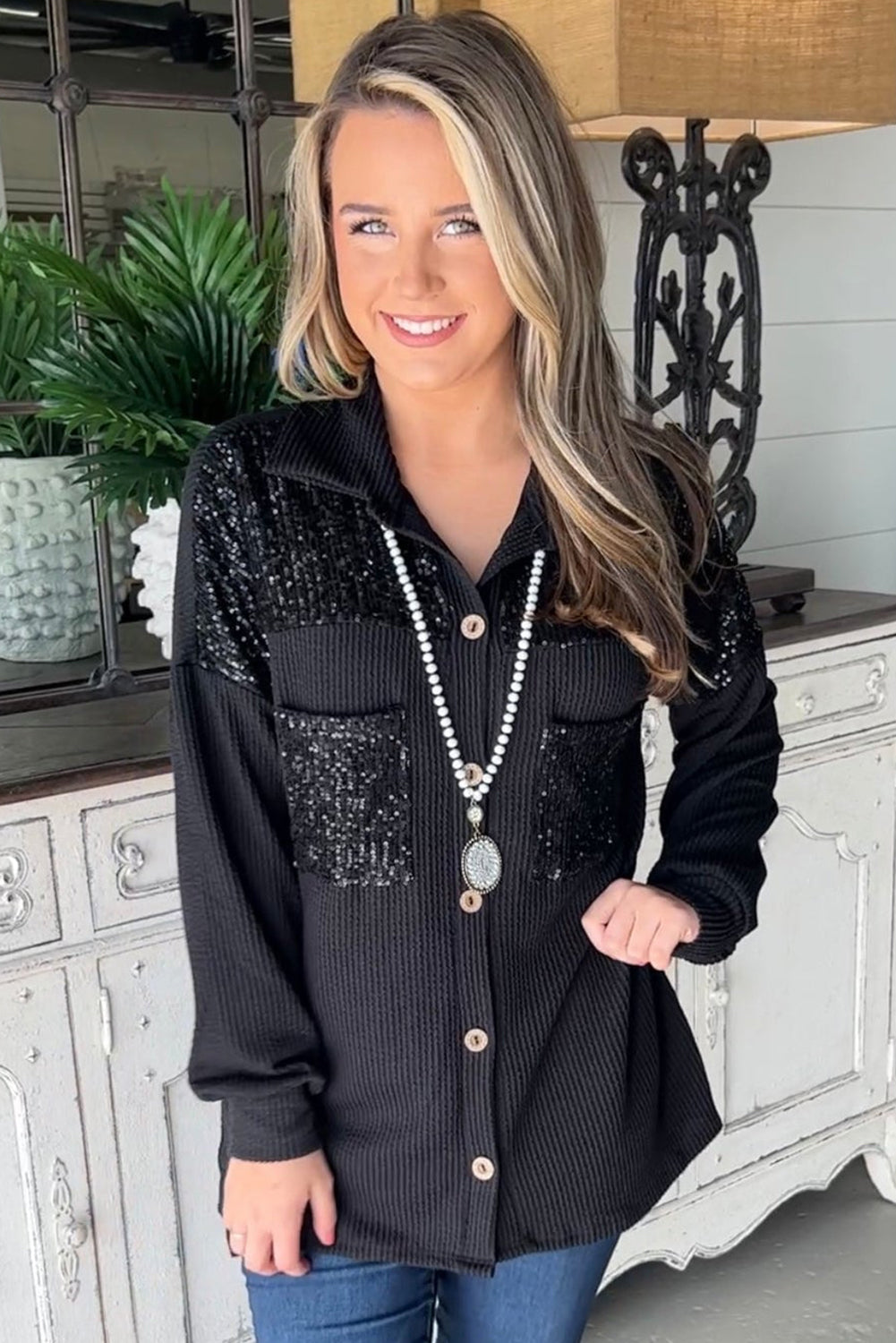 R&B | Gerippte Blusenjacke mit Pailletten-details Polyester-mischung Festlich und Trendy