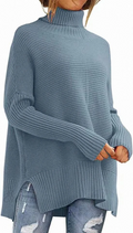 R&B | Moderner blauer Schlitz-Turtleneck-Strickpullover mit Fledermausärmeln Ideal für den Winter