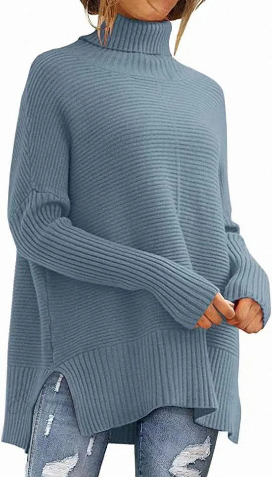 R&B | Moderner blauer Schlitz-Turtleneck-Strickpullover mit Fledermausärmeln Ideal für den Winter
