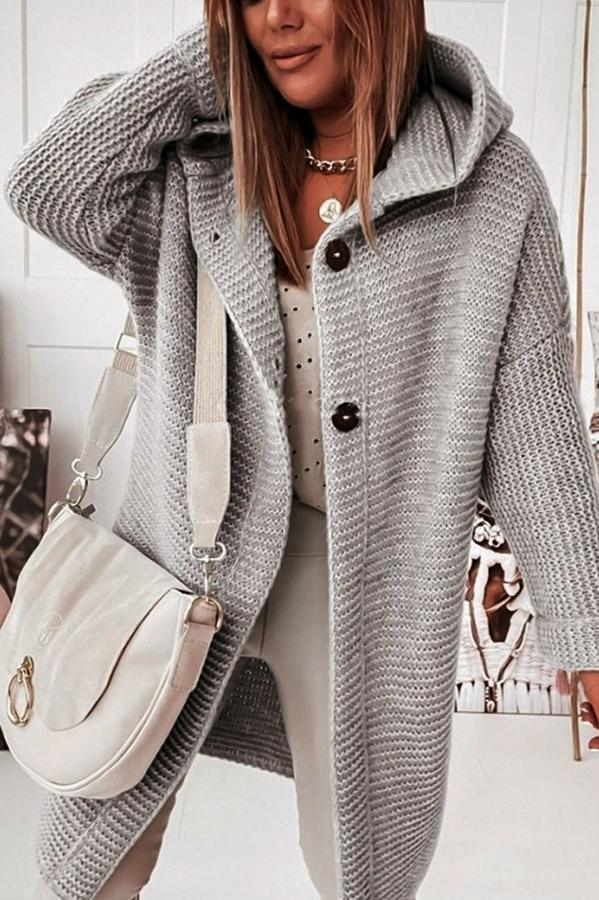 R&B | Strickjacke Grobstrick Kapuze Lang Knopfverschluss