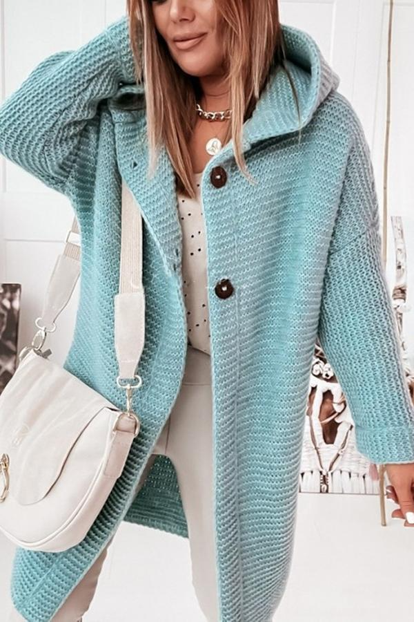 R&B | Strickjacke Grobstrick Kapuze Lang Knopfverschluss