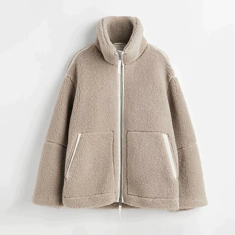 R&B | Teddy-Mantel - Weicher Schaffell-Look - Oversized Passform - Hoher Kragen - Reißverschlussverschluss