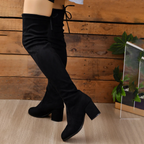 R&B | Über Knie Stiefel Stretch Fit Wildleder Ähnliche Oberfläche Blockabsatz Schnürung Hinten