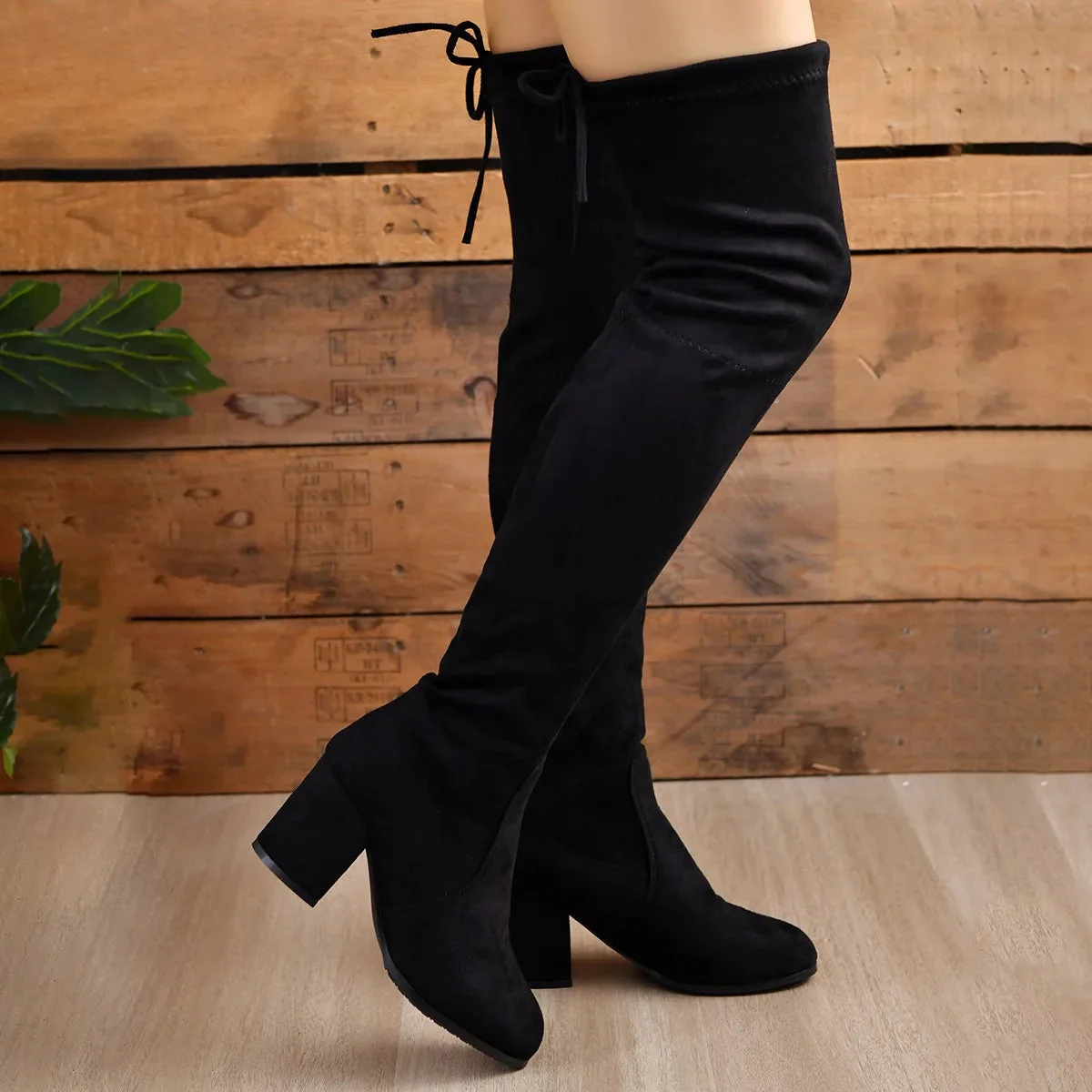 R&B | Über Knie Stiefel Stretch Fit Wildleder Ähnliche Oberfläche Blockabsatz Schnürung Hinten
