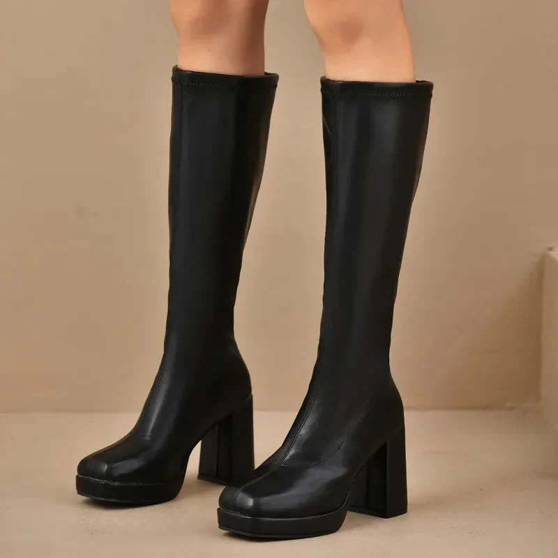 R&B | Knöchelhigh Boots Stretch Fit Plattformsohle Blockabsatz Rechte Zehe