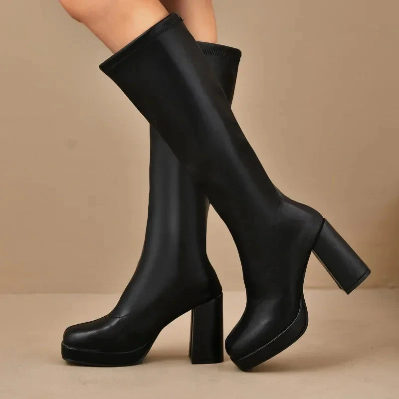 R&B | Knöchelhigh Boots Stretch Fit Plattformsohle Blockabsatz Rechte Zehe