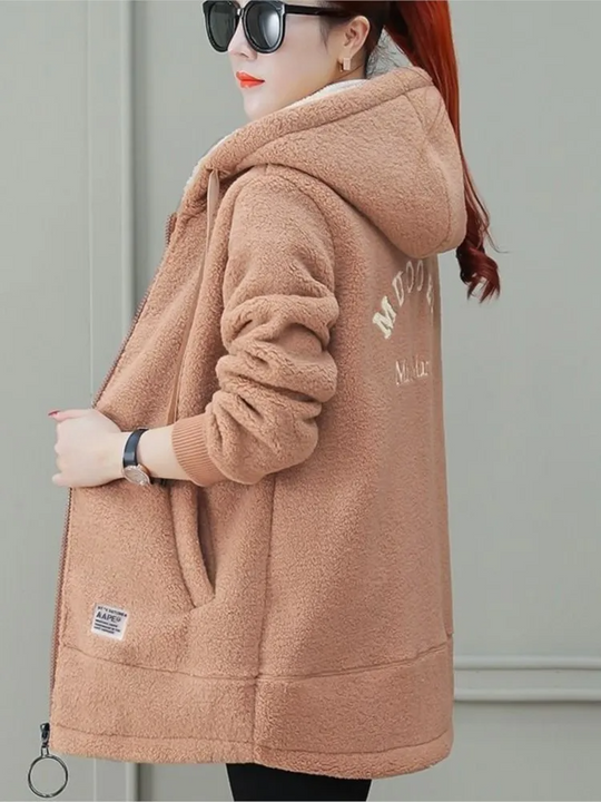 R&B | Mantel Mittellang Lockere Passform Kapuze mit Kordelzug Weicher Fleece mit Reißverschluss