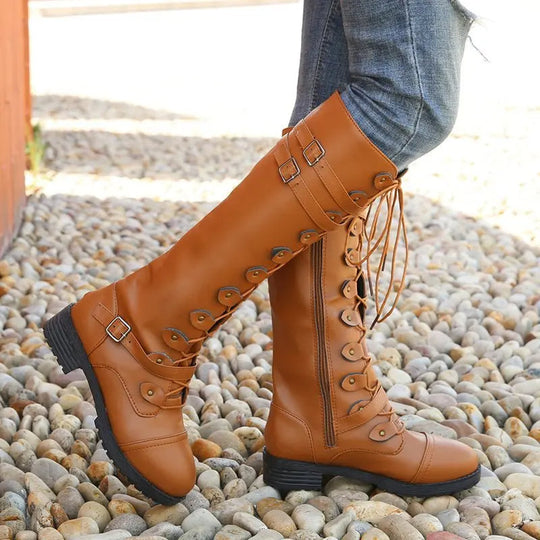 R&B | Ritter Niedrige Absatz Bikerstiefel mit Gürtelschnalle Kreuzgurte