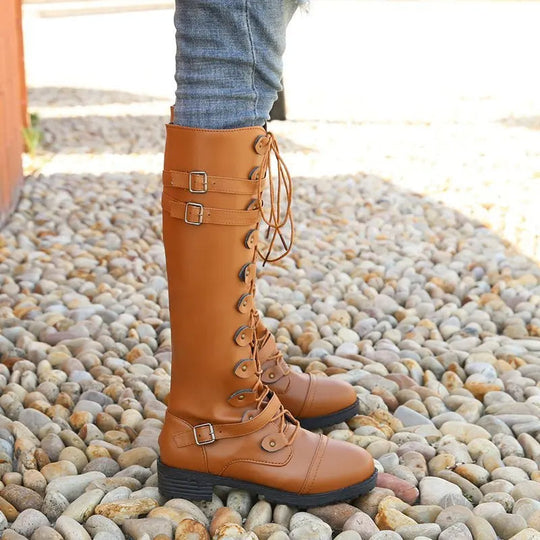 R&B | Ritter Niedrige Absatz Bikerstiefel mit Gürtelschnalle Kreuzgurte