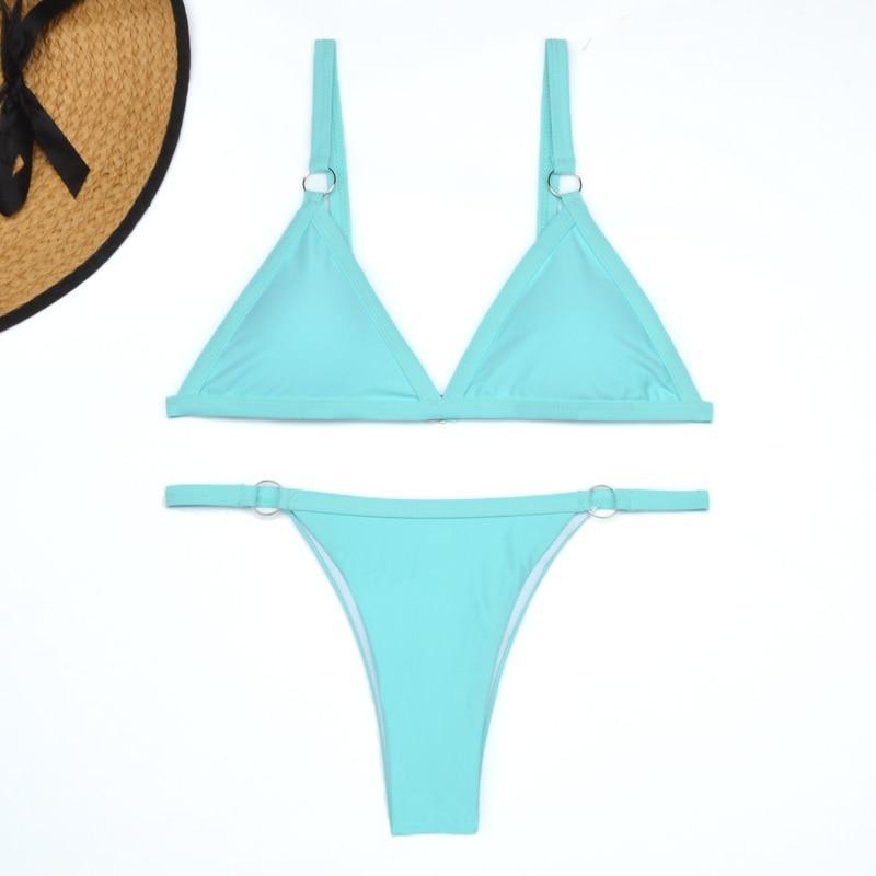 R&B Zweiteiliger Bikini-Badeanzug mit goldfarbigen Metallringen und dreieckigen Körbchen