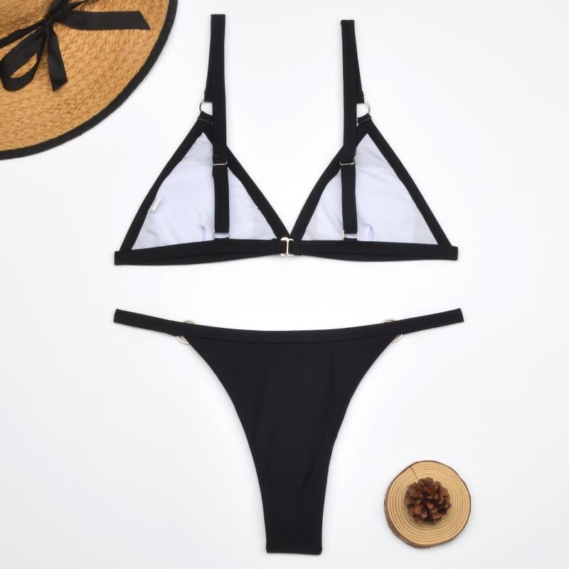 R&B Zweiteiliger Bikini-Badeanzug mit goldfarbigen Metallringen und dreieckigen Körbchen