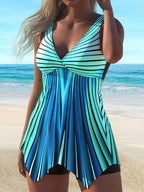 R&B | Gestreifter V-Ausschnitt Tankini mit Fließendem Design für Damen
