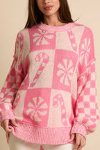 R&B | Weihnachts-Schneeflocke Bonbon runder Hals langer Ärmel loser gestrickter Pullover