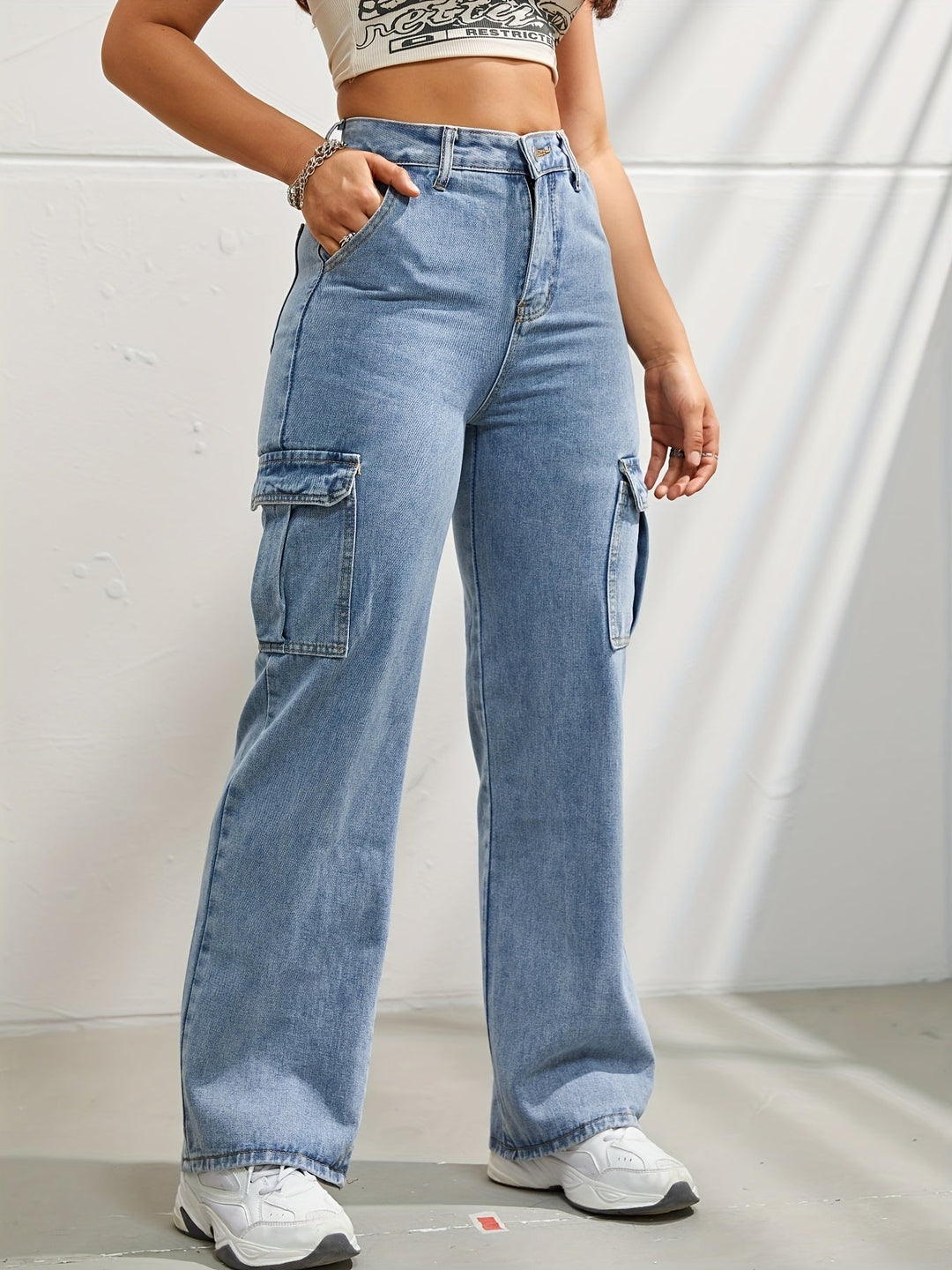 R&B | Hochgeschnittene Denim Cargo-Hose