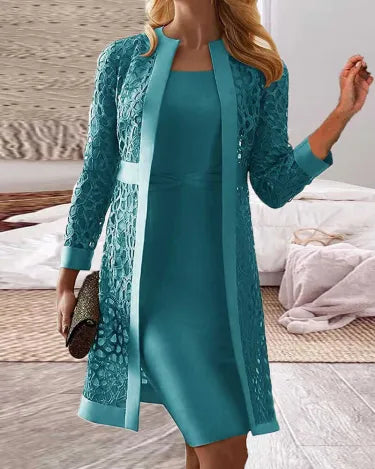 R&B Damen 2-teiliges Kleid-Set mit Spitzen-Cardigan