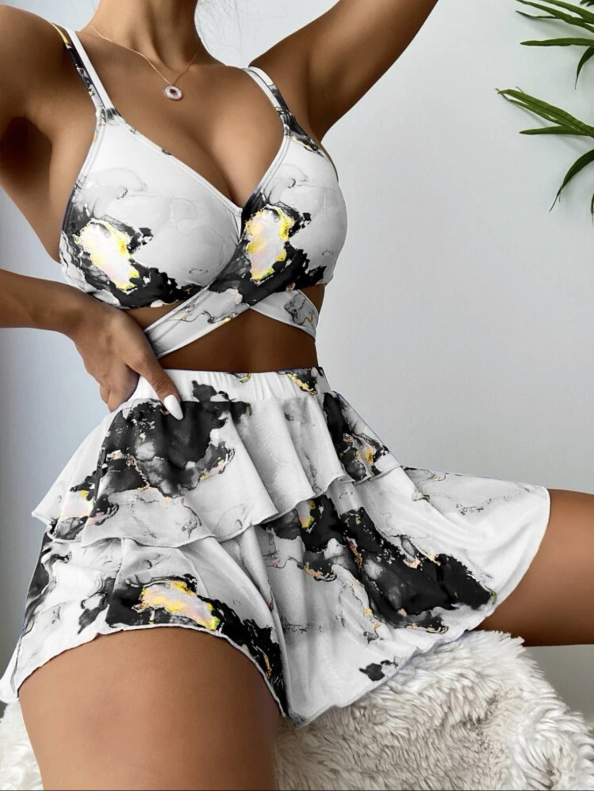 R&B | Dreiteiliges Bikini-Set mit Marmordruck