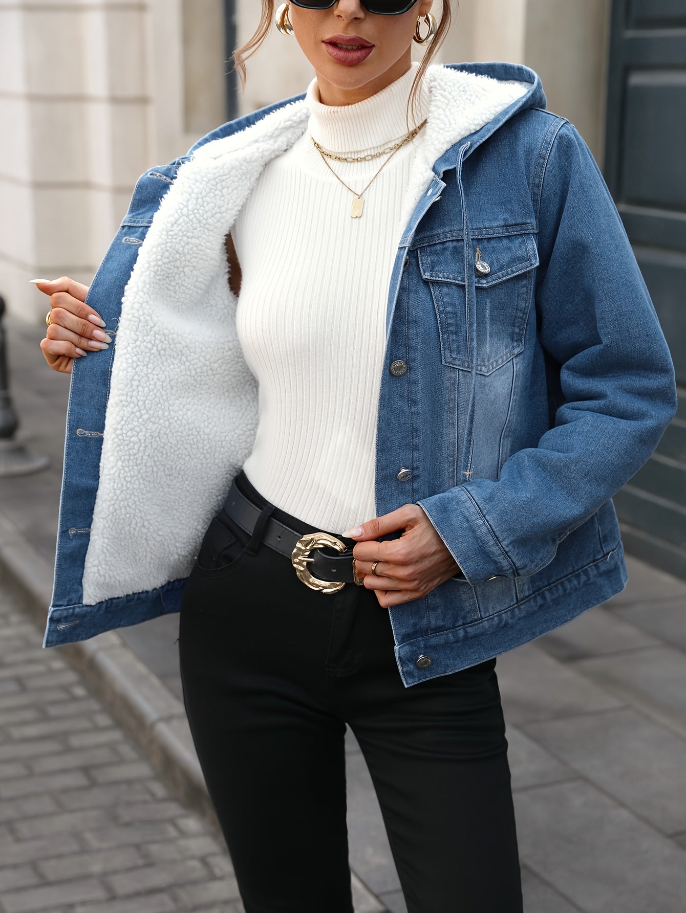 R&B | Denimjacke mit Sherpa-futter und Kapuze Baumwolle/polyester Warm und Modern