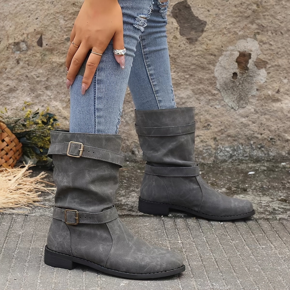 R&B | Retro-Charme Schlabbernde Schnallen-Riemen Western Stiefeletten