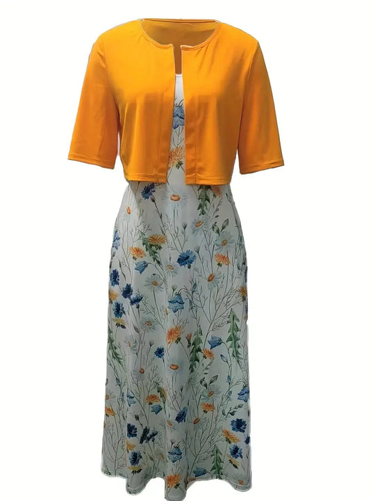 R&B – elegantes zweiteiliges blumenkleid-set mit einfarbigem crop-top und kleid mit rundhalsausschnitt