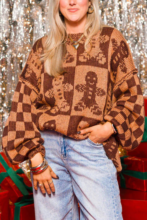 R&B | WeihnachtslR&Bkuchenmann Rundhalsausschnitt Langarm Lockere Strickpullover