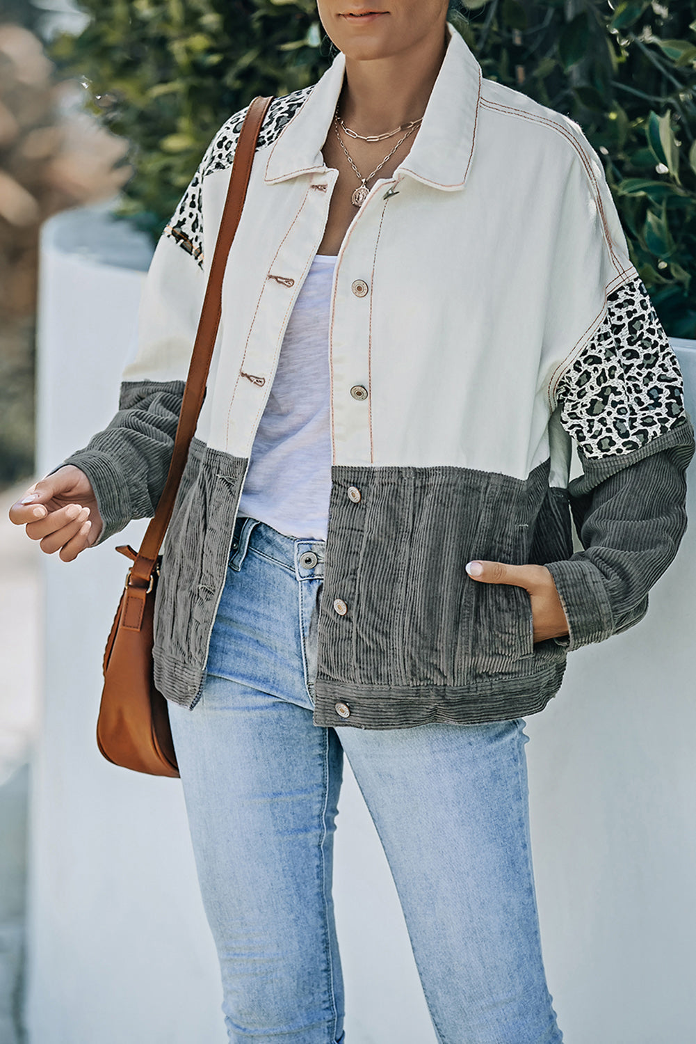 R&B | Leopard Farbblock Knopfleiste Cord Baumwolljacke