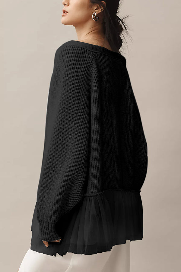 R&B | Strickjacke mit Netz-Rüsche und Langen Ärmeln
