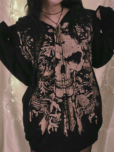 R&B | Vintage Schädelprint Oversized Hoodie mit Reißverschluss