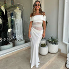R&B | Ein-Wort-Kragen-Plissee-Kleid aus Mesh mit diagonaler Spanne