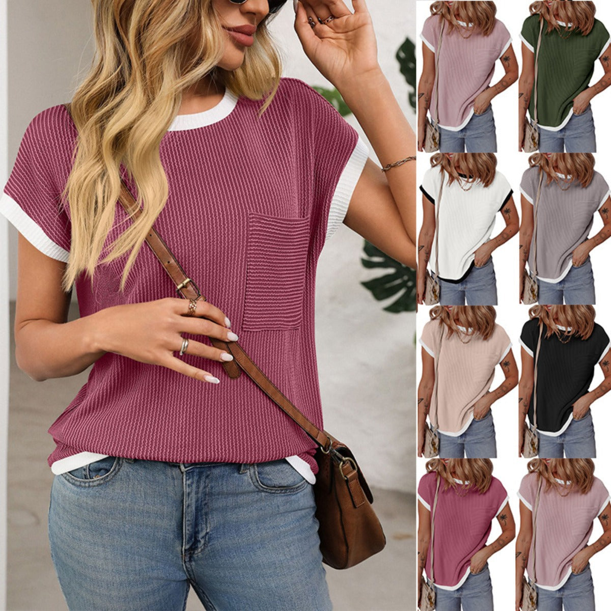 R&B | Gestricktes kontrastierendes T-Shirt mit Rundhalsausschnitt