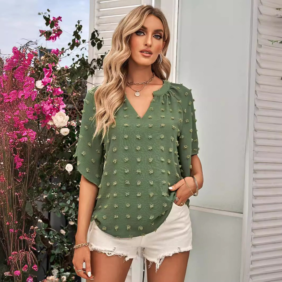 R&B | Damen V-Ausschnitt einfarbig Haarball Top Damen