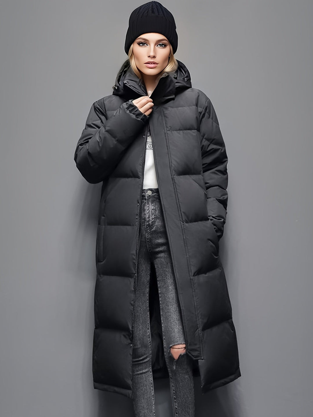 R&B | Stylischer Puffer langer Wintermantel mit Kapuze und Polsterung perfekt für Outdoor-Aktivitäten