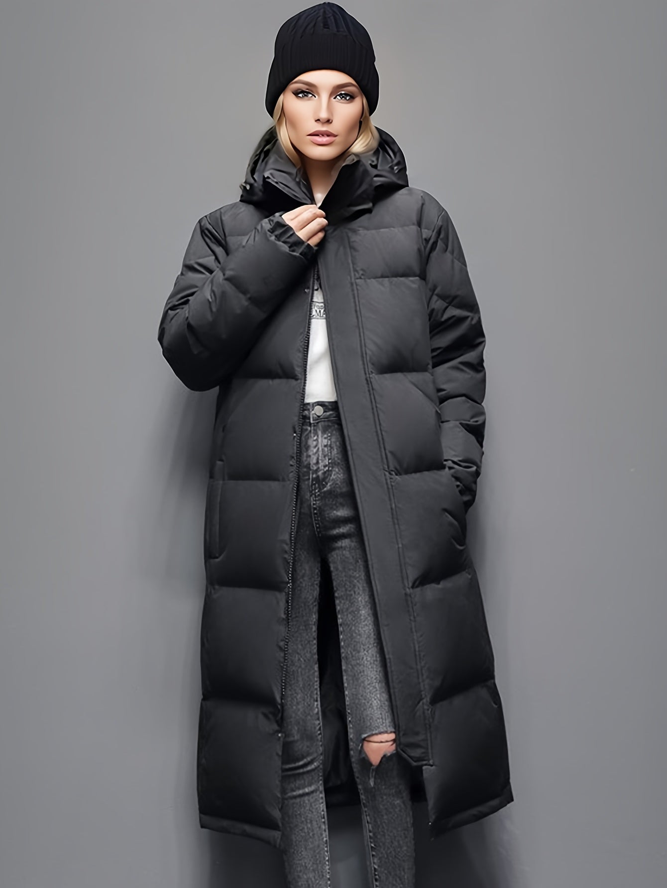 R&B | Stylischer Puffer langer Wintermantel mit Kapuze und Polsterung perfekt für Outdoor-Aktivitäten