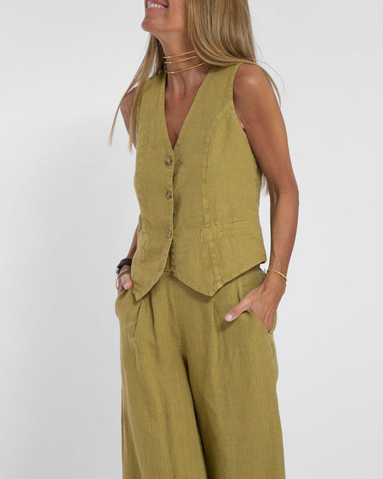 R&B | Elegantes 2-Teiliges Set Leinen Weite Hose & Weste
