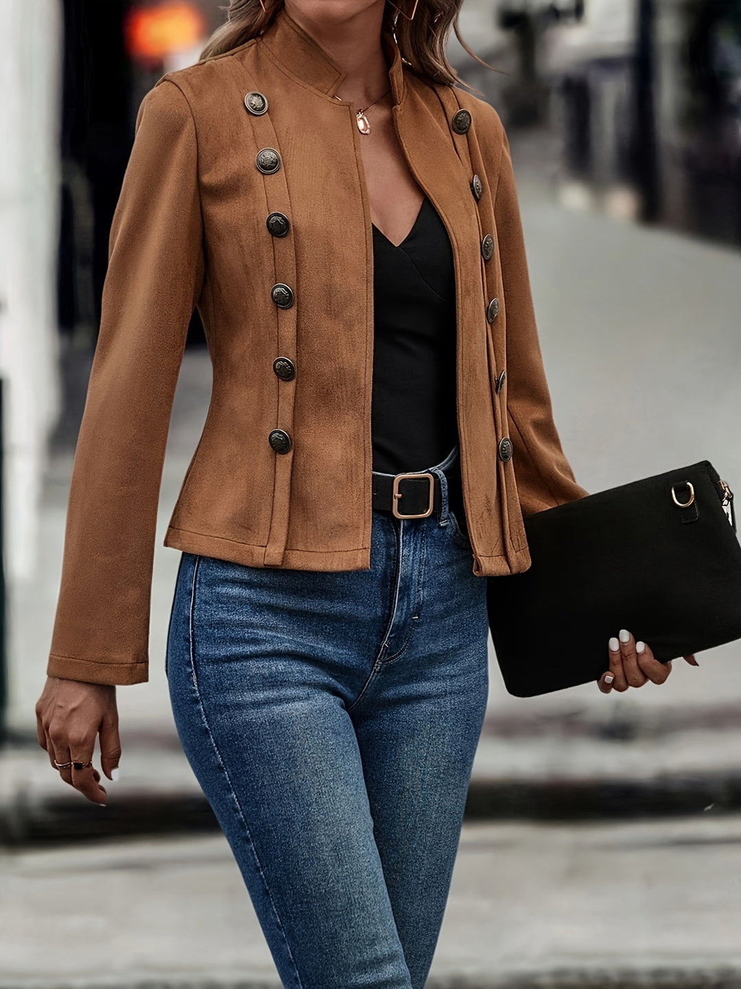 R&B | Militärisch Inspirierte Blazer mit Knopfdetails Polyester Stilvoll und Scharf