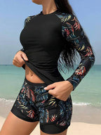 R&B | Langarm Print Spleißen Doppelhose Tankini Badeanzug
