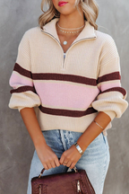 R&B | Gemütlicher, Bequemer Strickpullover mit Reißverschluss und Patchwork-Kragen