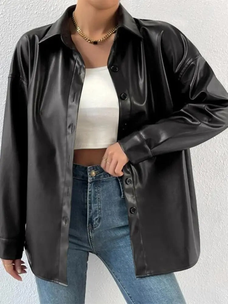 R&B | Vintage Leder Bomberjacke mit Reverskragen und Knopfverschluss