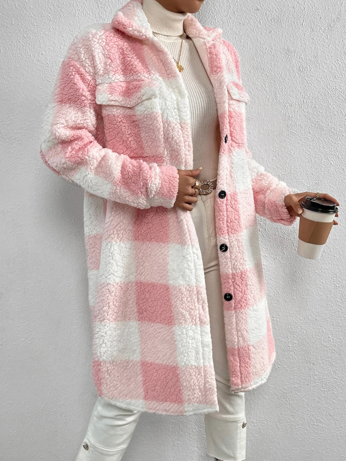 R&B | kariert Jacke mit plüschigem Kragen und Knöpfen