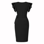 R&B | Kleid mit V-Ausschnitt und plissierten Hornärmeln an der Hüfte