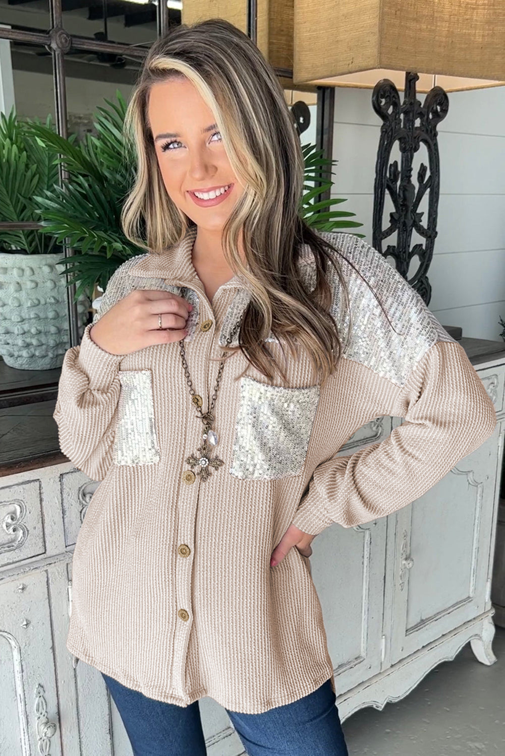 R&B | Rippierte Hemdbluse mit Silber Pailletten Polyester-mischung Elegant und Festlich