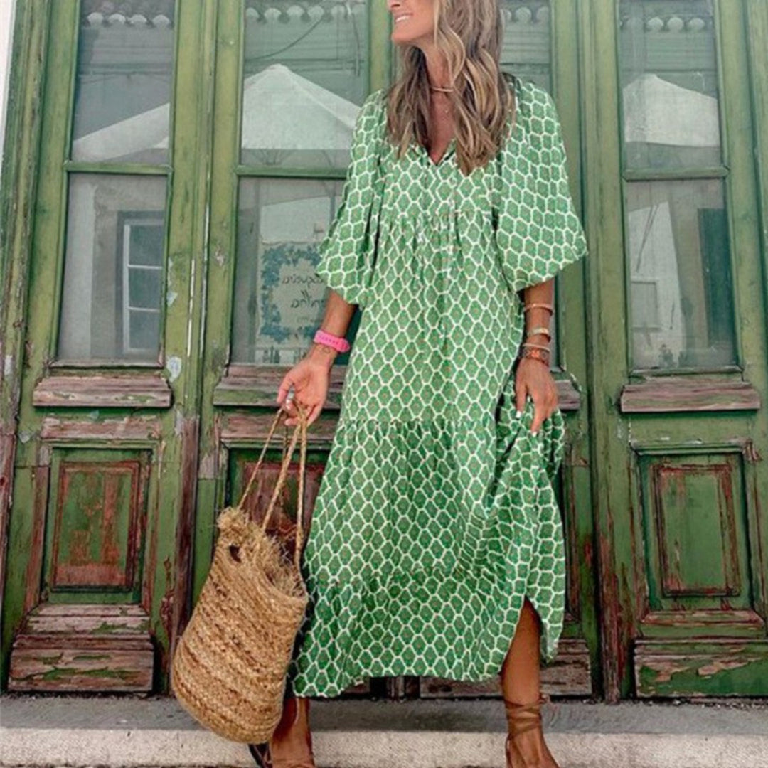 R&B | Großes böhmisches Kleid mit Rundhalsausschnitt und Laternenärmeln