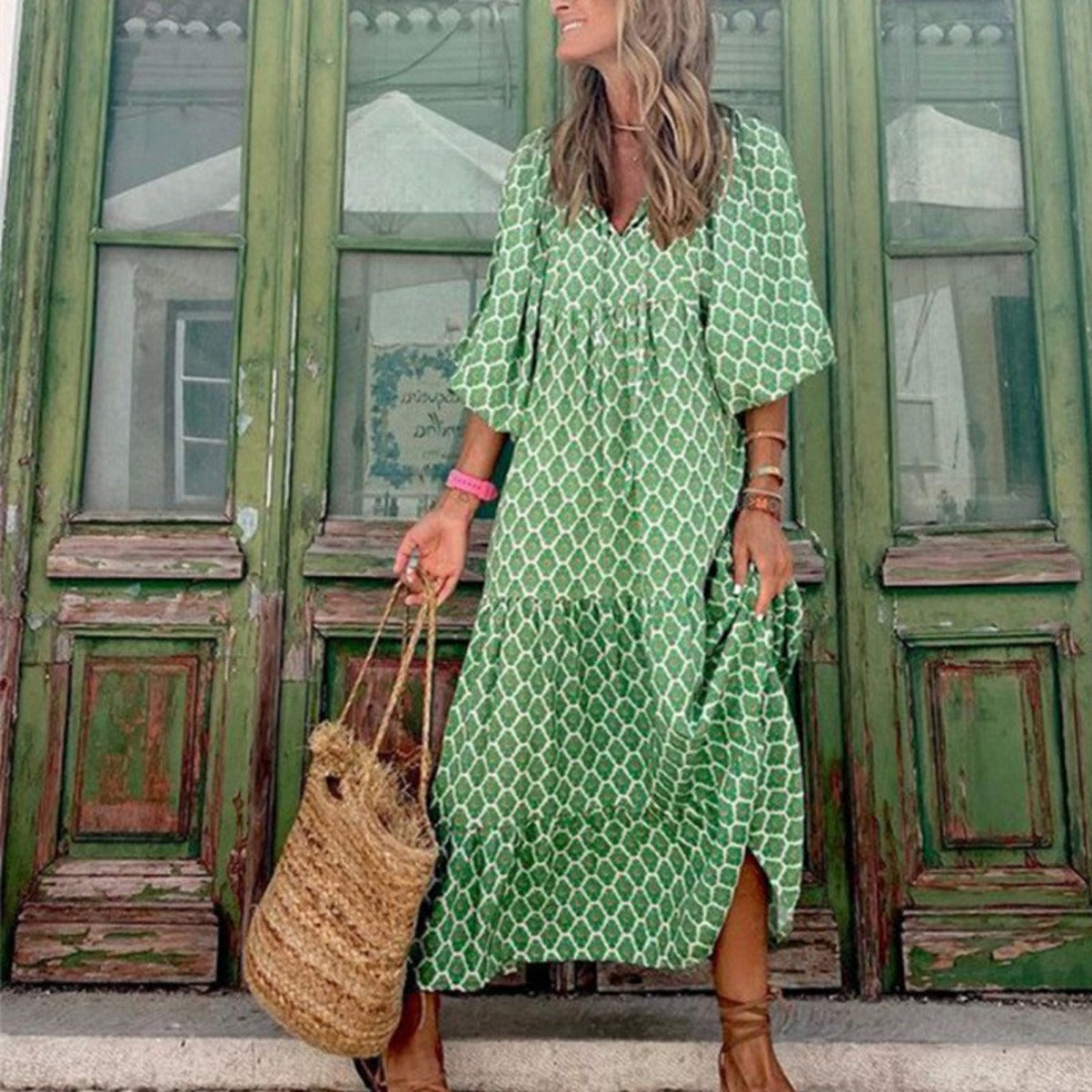 R&B | Großes böhmisches Kleid mit Rundhalsausschnitt und Laternenärmeln