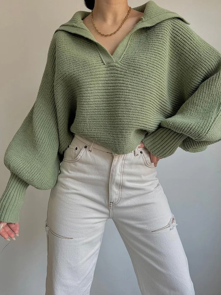 R&B | Gemütlicher Strickpullover mit Laternenärmeln und Offenem Kragen