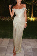 R&B | Schulterfreies Maxikleid mit Schlitz