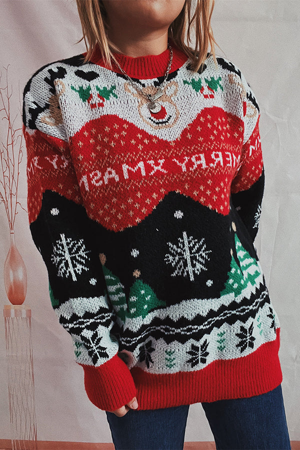 R&B | Weihnachtsmuster Gestrickter Rundhalsausschnitt Langarmpullover