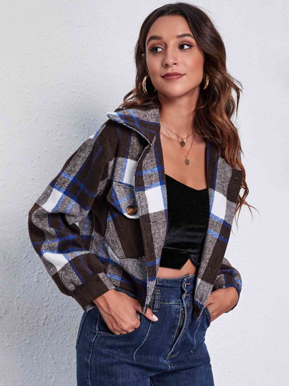 R&B | Karierter Knopf-Front-Jacke mit Taschen