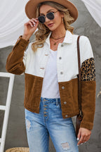 R&B | Leopard Farbblock Knopfleiste Cord Baumwolljacke