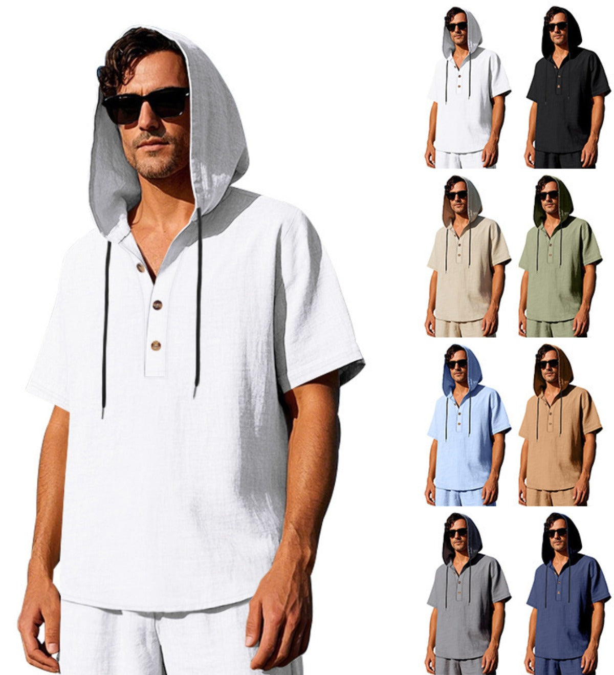 R&B | Leinen-Knopf-Strand-Kapuzen-Henley-Shirt