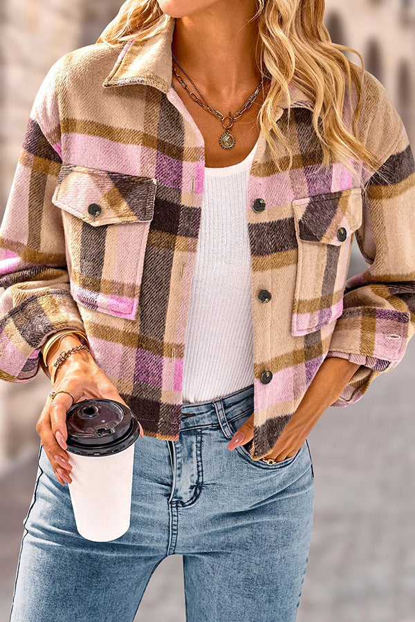 R&B | Pocket Fashion Casual Cropped Damen Karierte Jacke