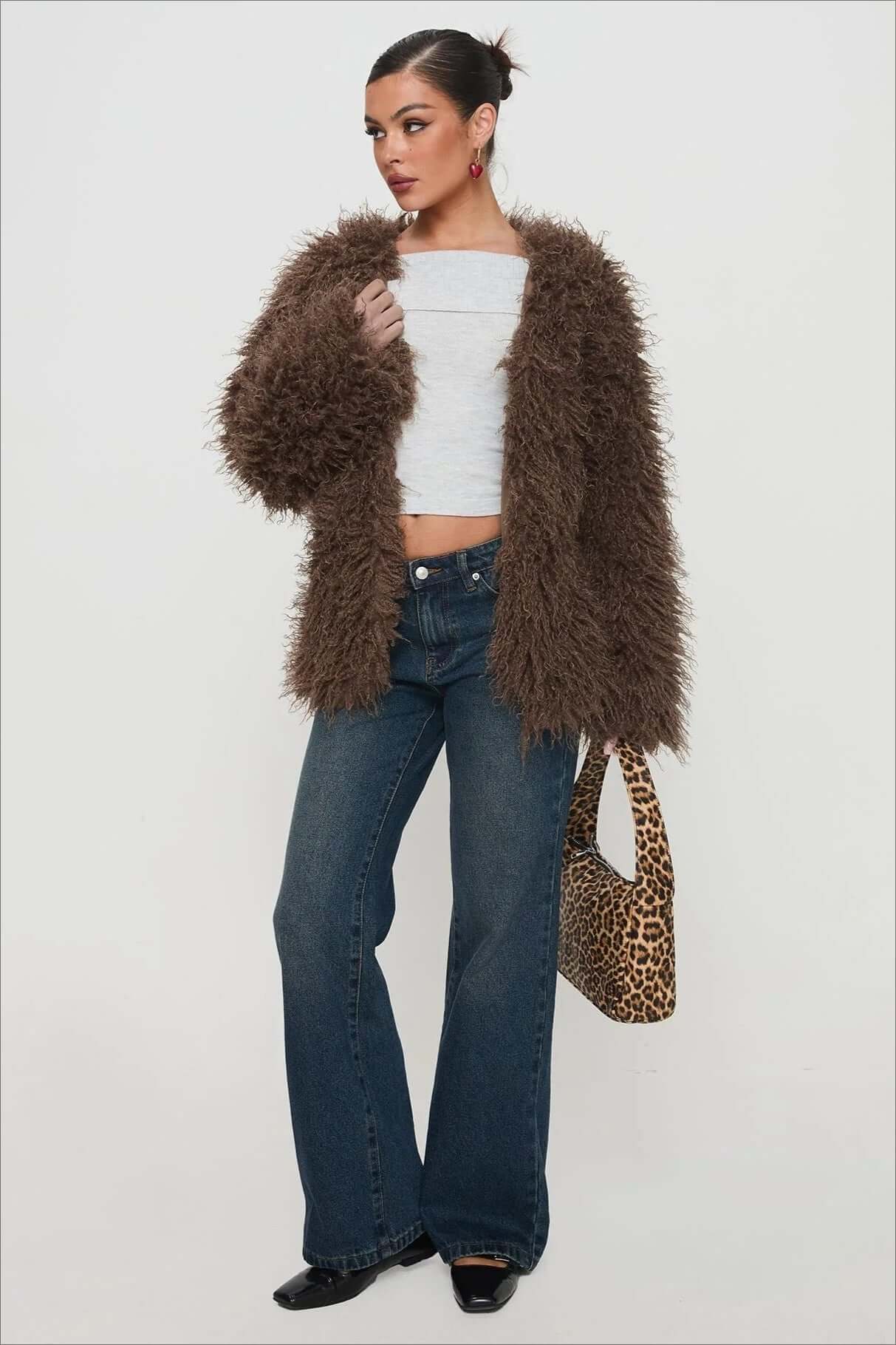 R&B | Fluffy Brown Faux Fur Übergroße Jacke